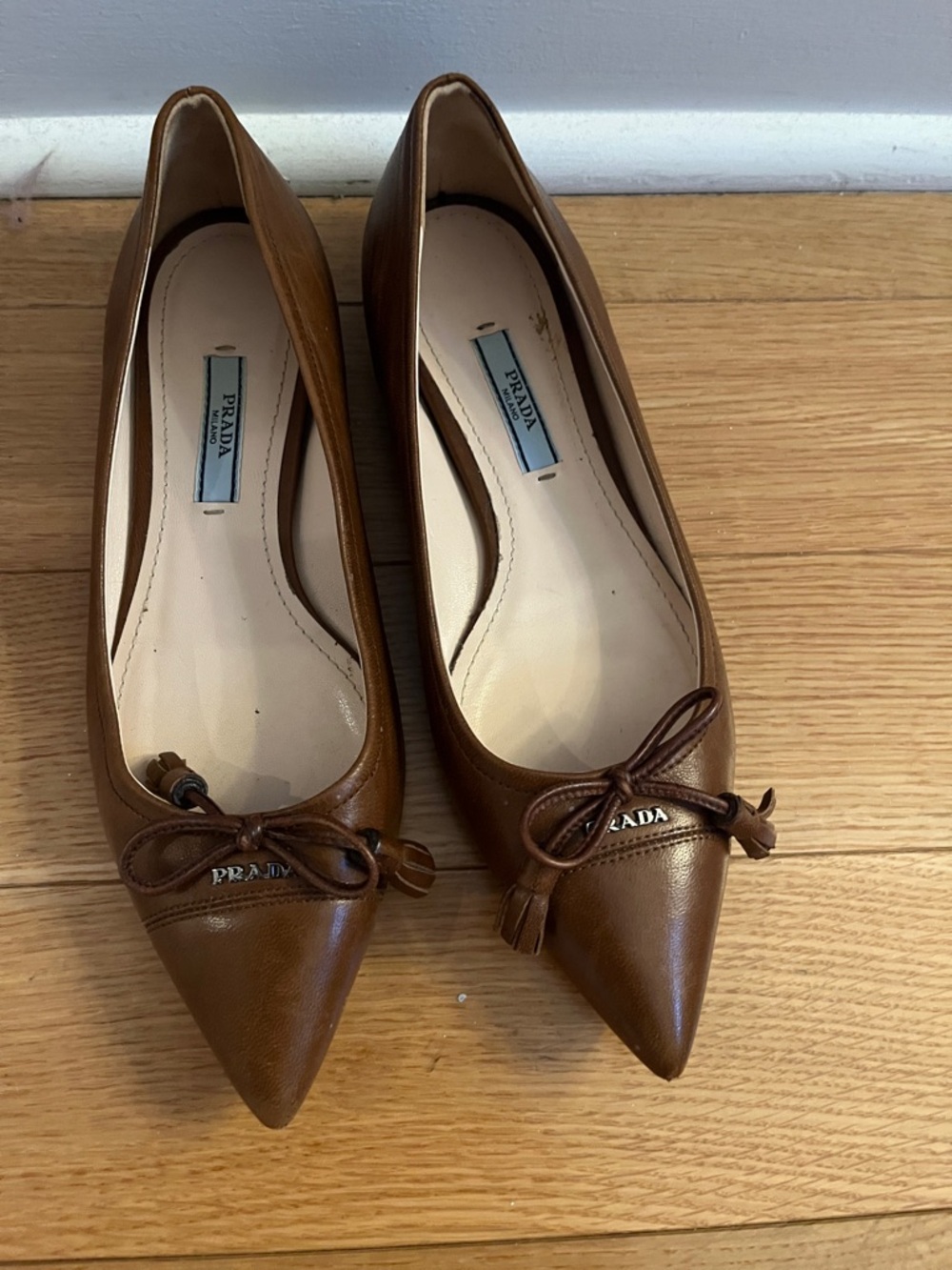 Prada Brown Pointed Toe Leather Ballet Flats with Bow